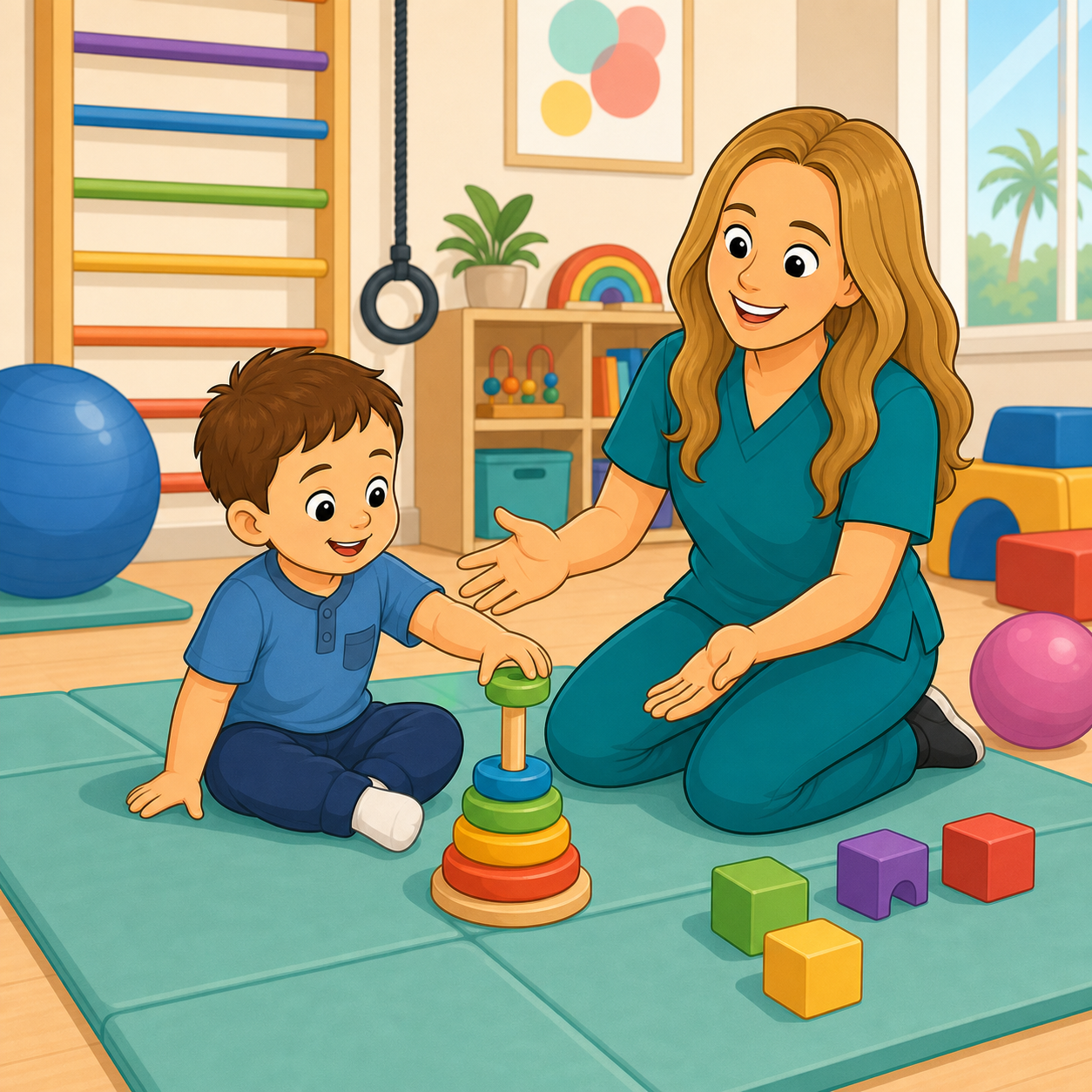 Cartoon child practicing sitting balance during pediatric therapy.